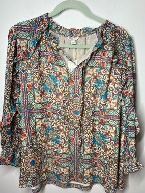 Cato Teal Rust Cream Brown Tile-Print Peasant Blouse